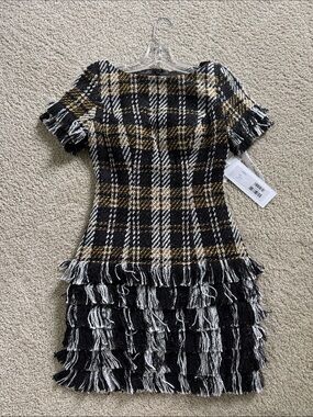 JOVANI NWT Black Yellow Tweed Fringe Mini Dress 0